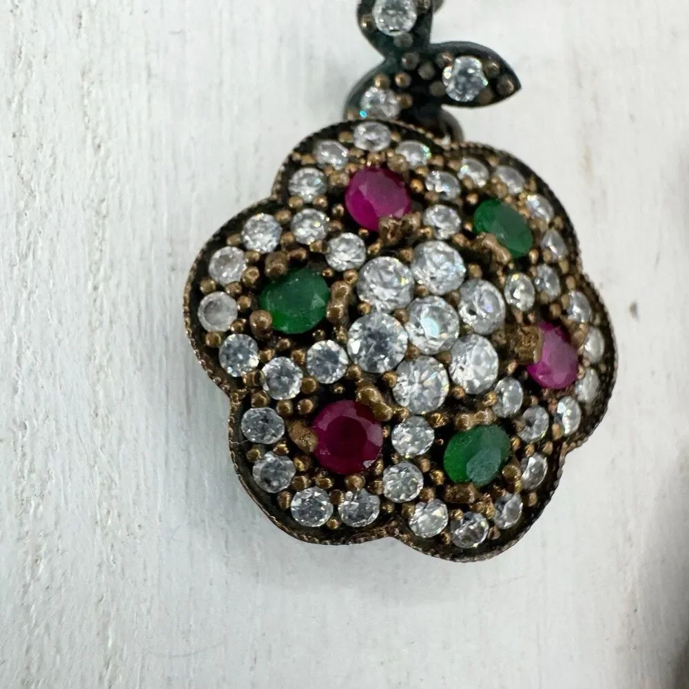 Ruby And Emerald Sterling Silver And Brass Turkish Flower Earrings And Pendant